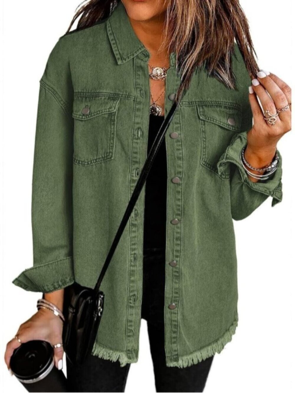 Women's Elm Green Oversized Drop Shoulder Button Up Frayed Hem Denim Jean Jacket